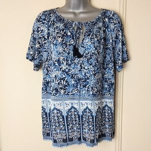 Lucky Brand Peasant Top Tassels Boho Short Sleeve